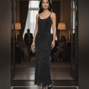 ✨Papell Boutique Silk Black Beaded Maxi Dress Evening Formal Spaghetti Strap